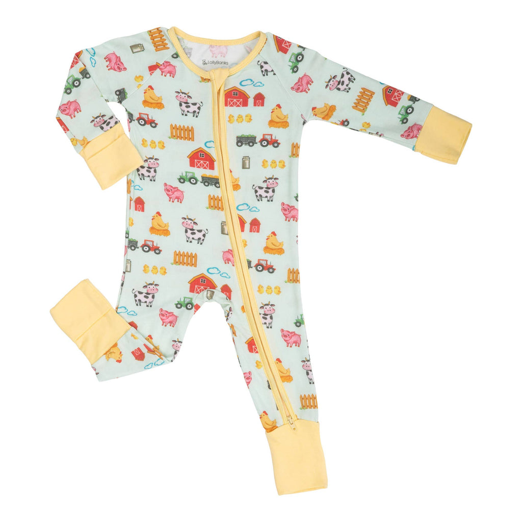 Bamboo Baby Convertible Zipper Pajamas - Farm Pigs Cows Barn