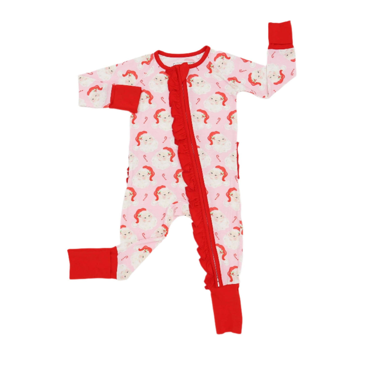 Sweet Tupelo Clothing - Pink Classic Santa One Piece Ruffle Bamboo Pajama