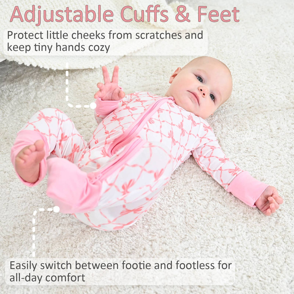Bamboo Baby Convertible Zipper Pajamas - Pink Bow Lattice