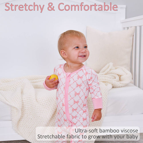 Bamboo Baby Convertible Zipper Pajamas - Pink Bow Lattice