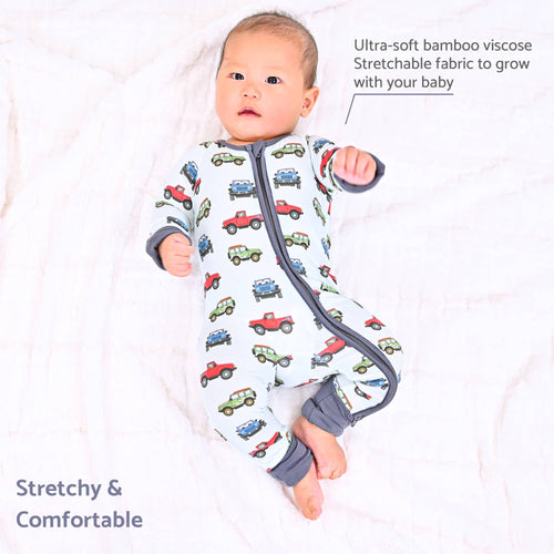 Bamboo Baby Convertible Zipper Pajamas - Vehicle Car Print