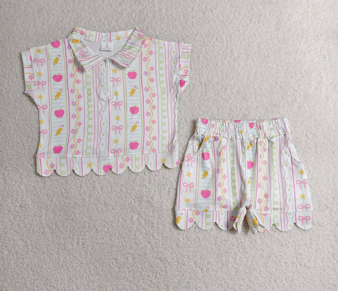 Back to School Bows Zip Scallop Shirt/Shorts Set