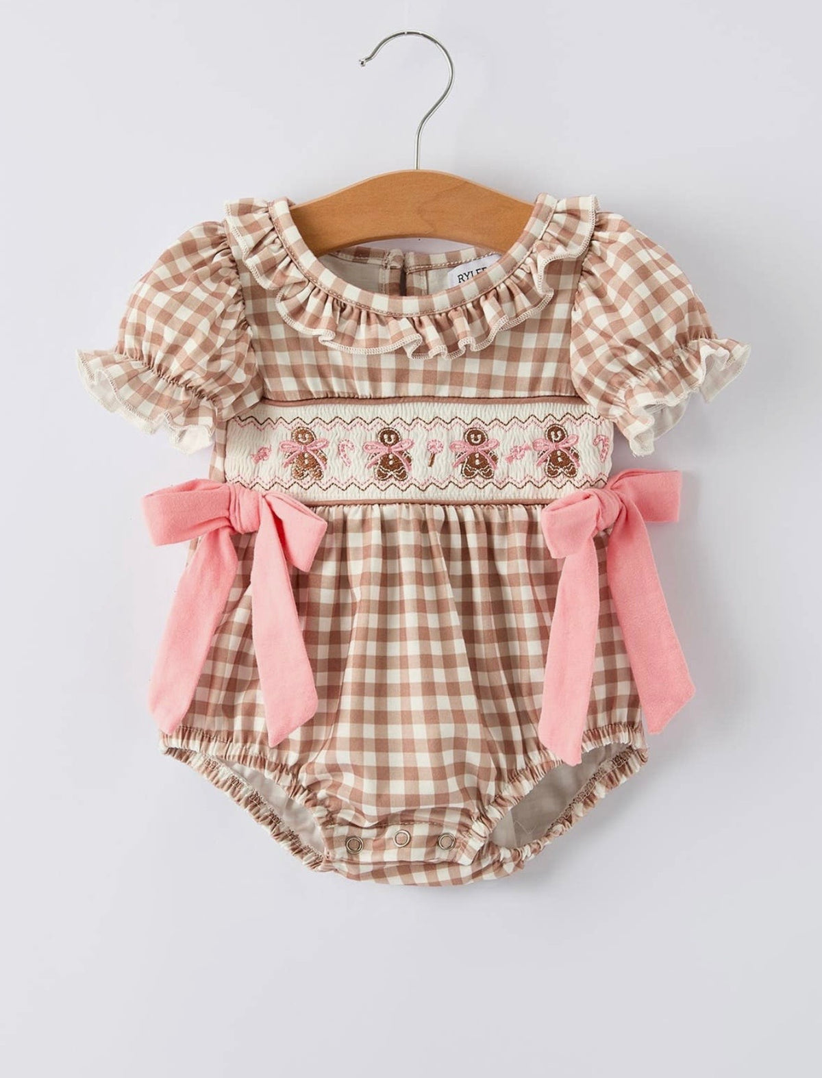 Christmas Vintage-Style Plaid
Embroidered Gingerbread and Bows Girls Romper
