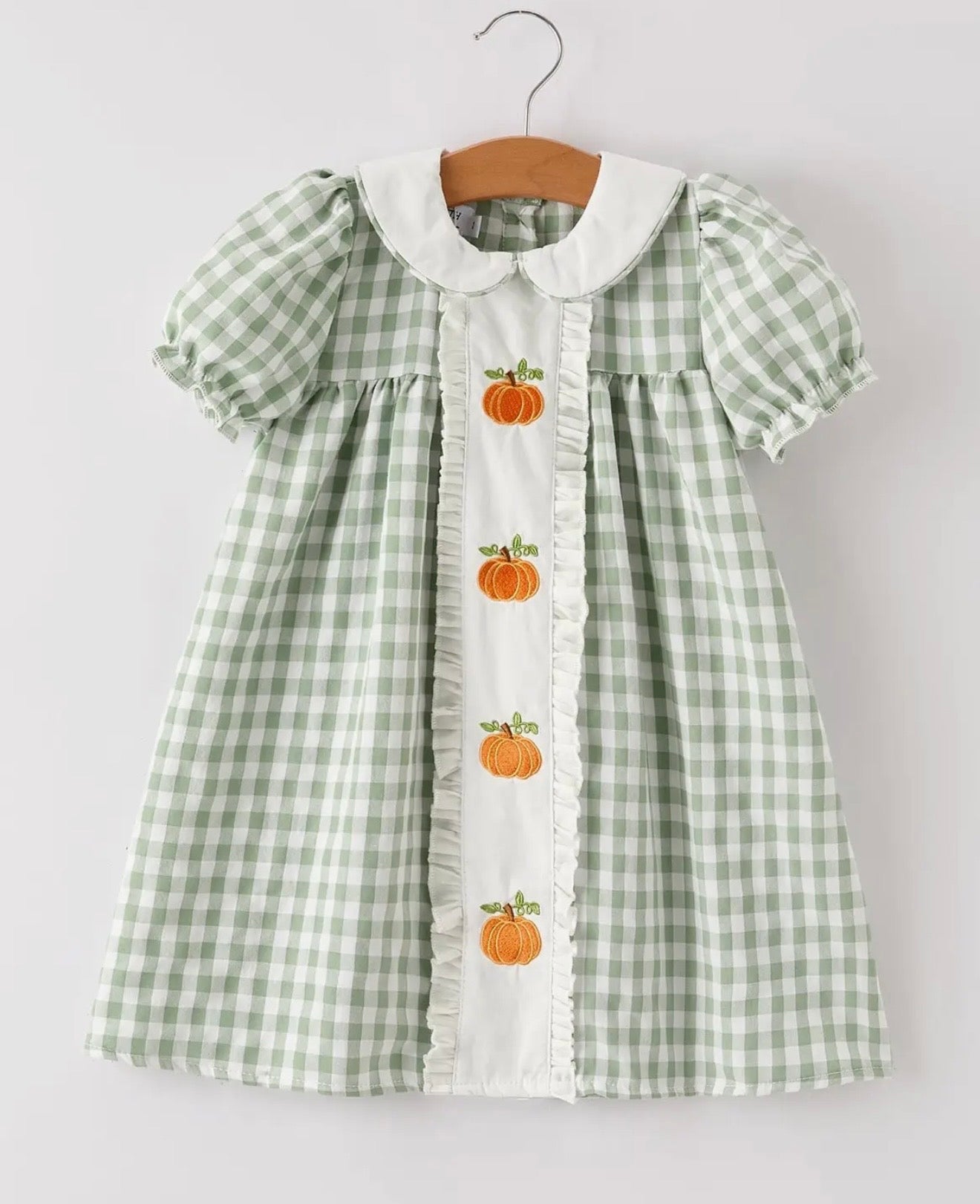 Fall Halloween & Thanksgiving Pumpkin
Applique Plaid Green Girls Dress