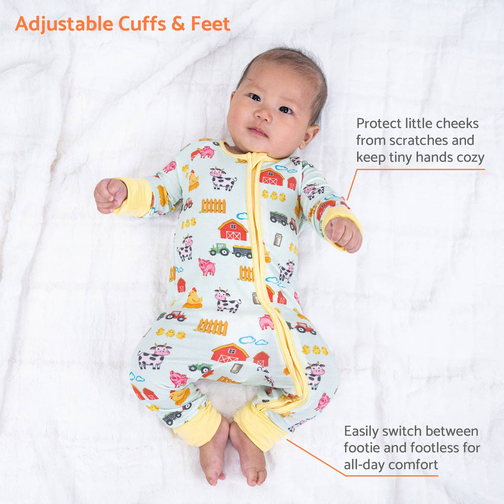 Bamboo Baby Convertible Zipper Pajamas - Farm Pigs Cows Barn