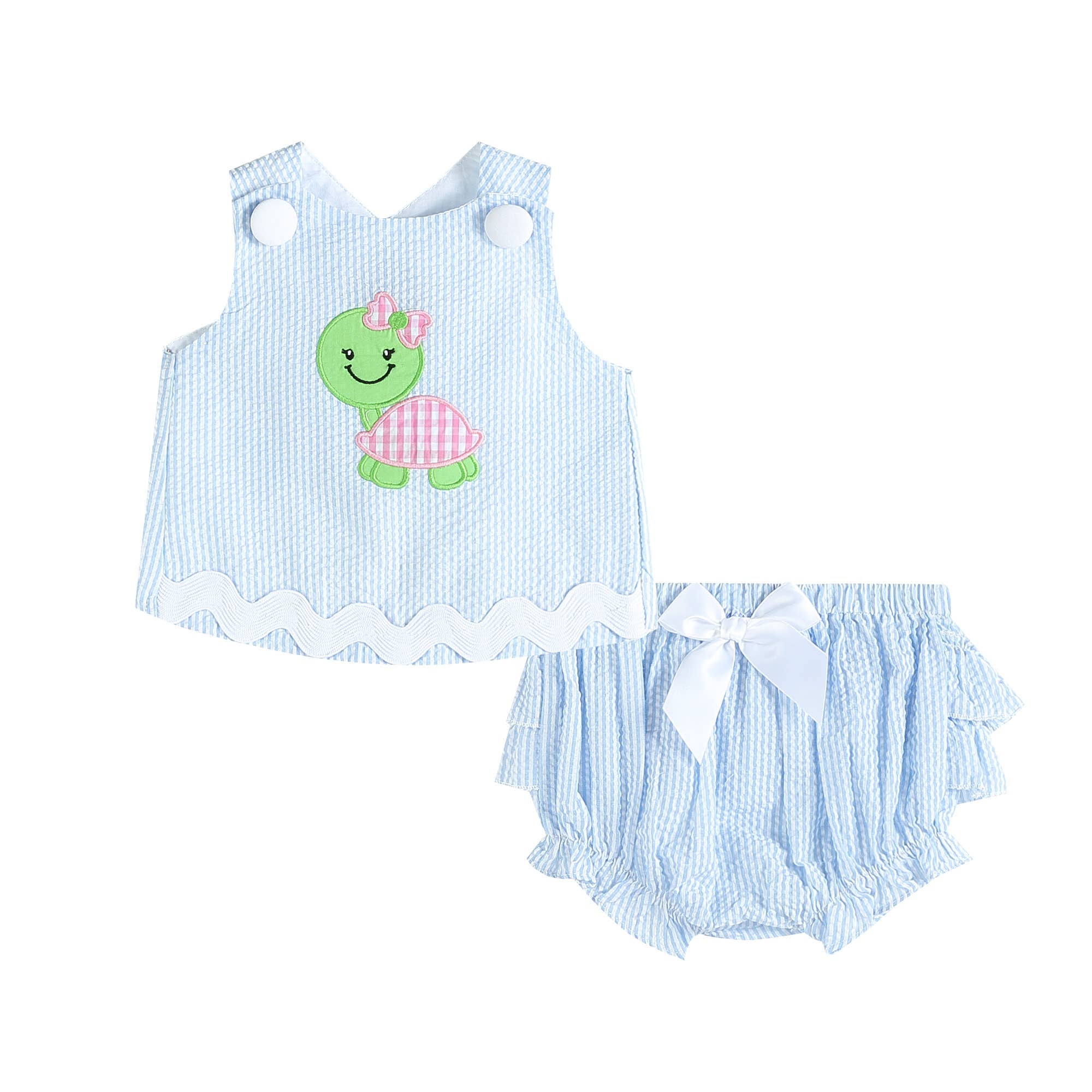 Light Blue Seersucker Turtle Top and Bloomer Set