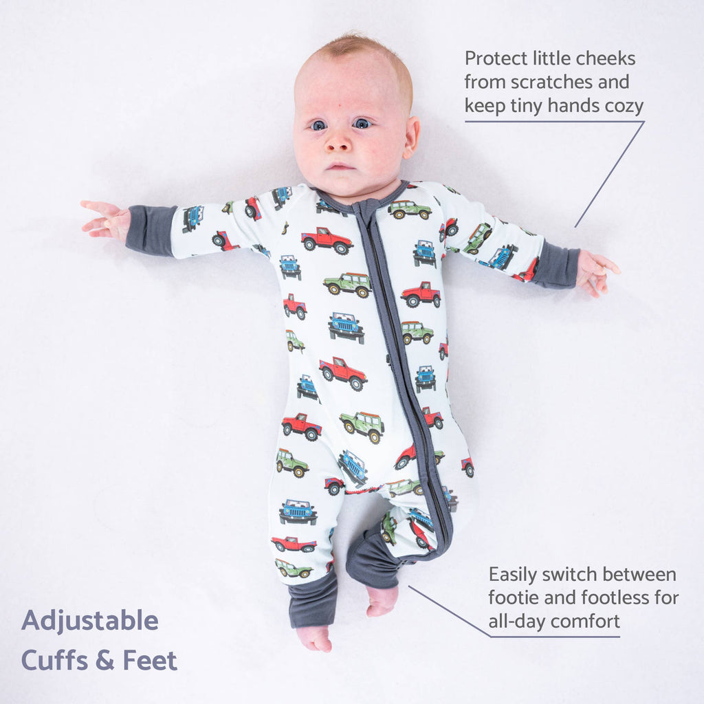 Bamboo Baby Convertible Zipper Pajamas - Vehicle Car Print