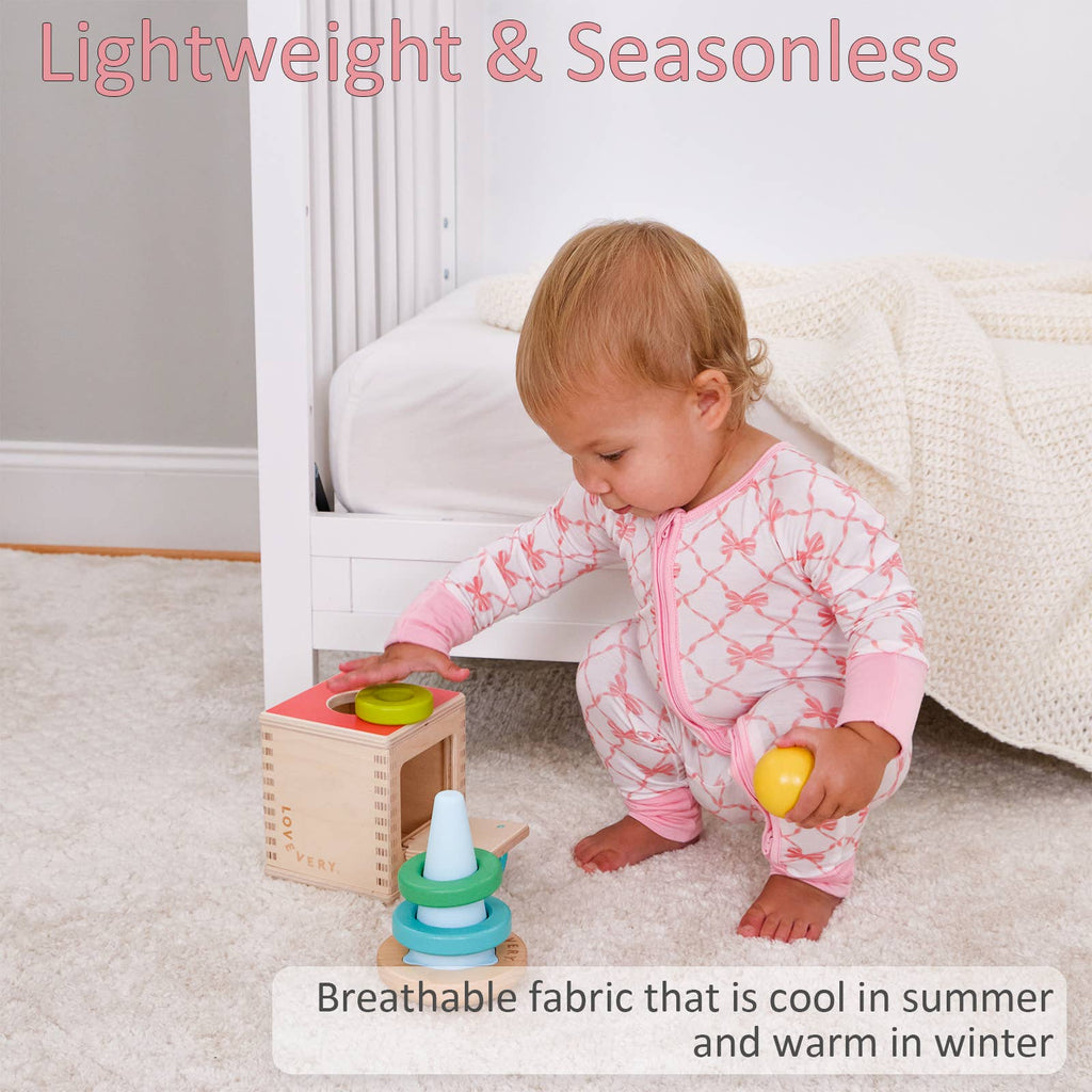 Bamboo Baby Convertible Zipper Pajamas - Pink Bow Lattice